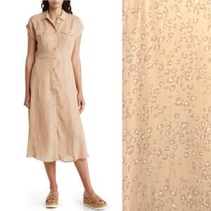 LUCKY BRAND Short Sleeve Midi Shirt Dress Button Front Leopard Coastal Brunch